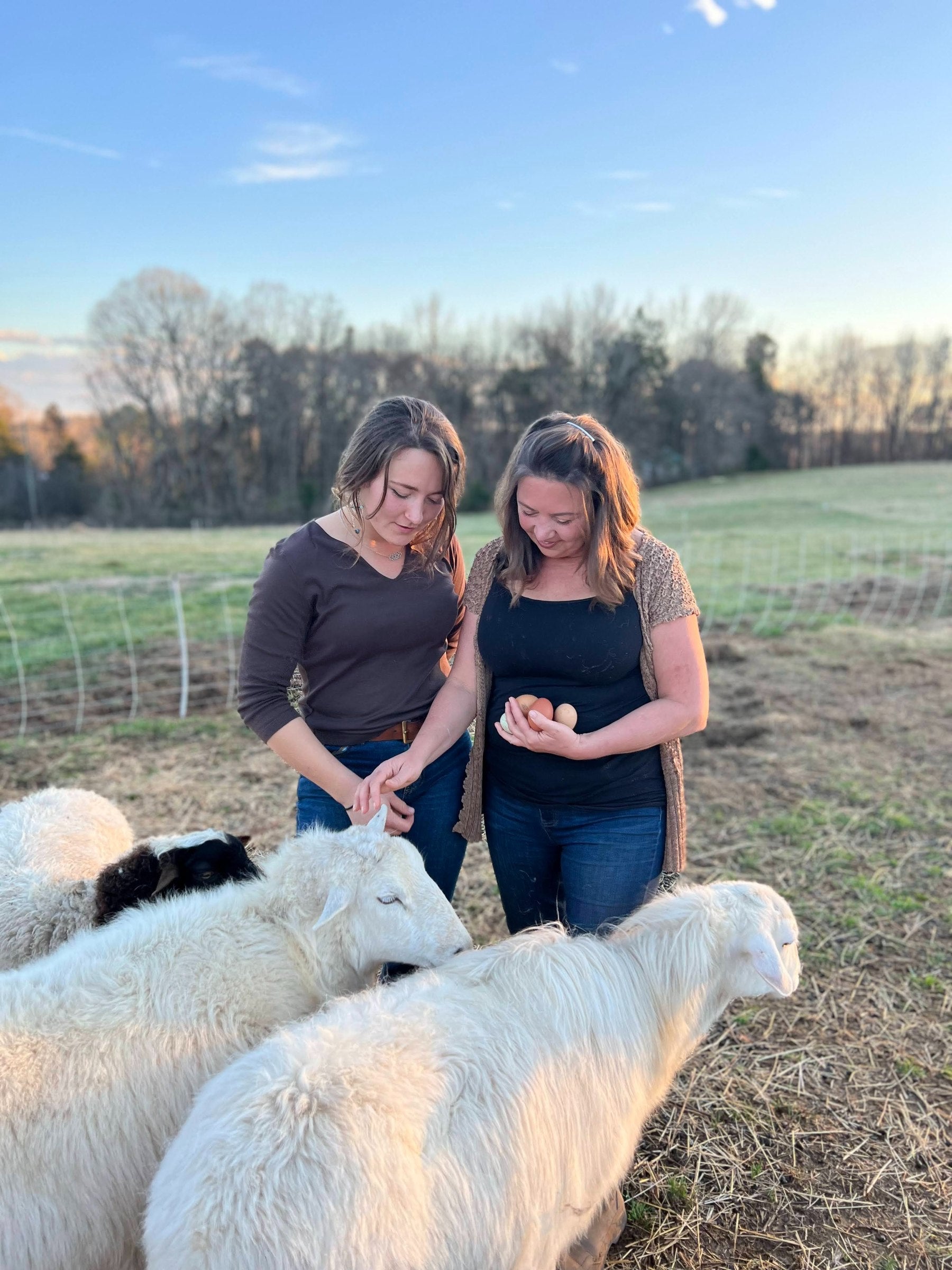 Sonya and a friend with the sheep and fresh eggs at TerraStay Farm